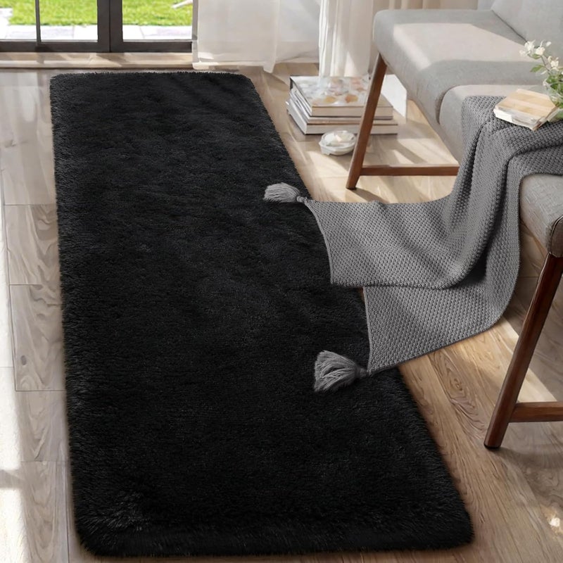 AROGAN Shag 2x6 Runner Rug for Bedroom, Washable Rugs Runners with Memory Foam for Hallways, Entryway Indoor Fluffy Throw Rug for Beside Living Room Kids Girls Nursery Dorm, Black - Image 1